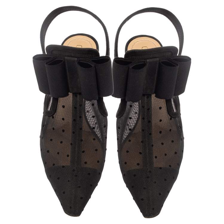 مملوكة مسبقًا Dior Black Mesh And Suede Trim Polka Dot Bow Pointed Toe Slingback Mules Size 39.5