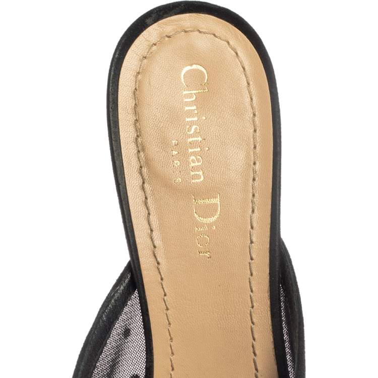 مملوكة مسبقًا Dior Black Mesh And Suede Trim Polka Dot Bow Pointed Toe Slingback Mules Size 39.5