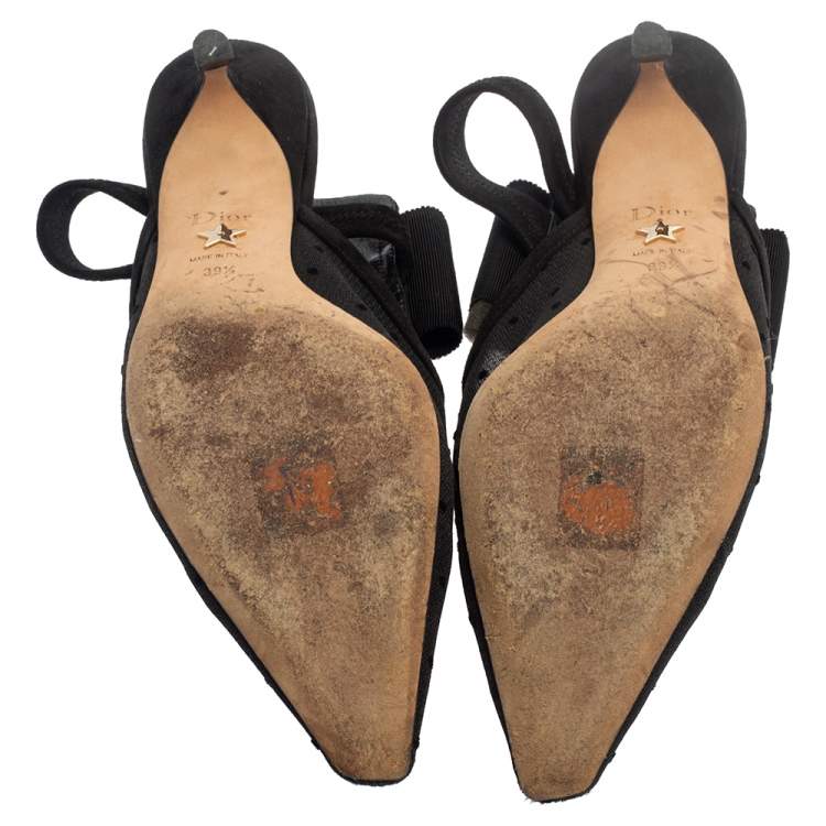 مملوكة مسبقًا Dior Black Mesh And Suede Trim Polka Dot Bow Pointed Toe Slingback Mules Size 39.5