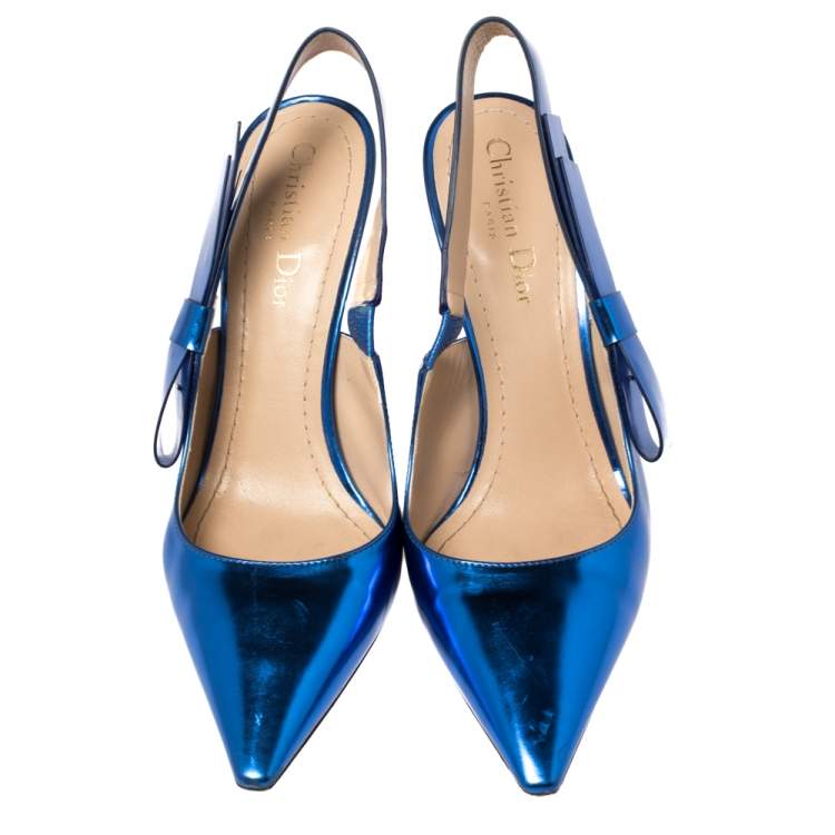 Pre Owned Dior Metallic Blue Leather Sweet-D Slingback Pumps Size 38