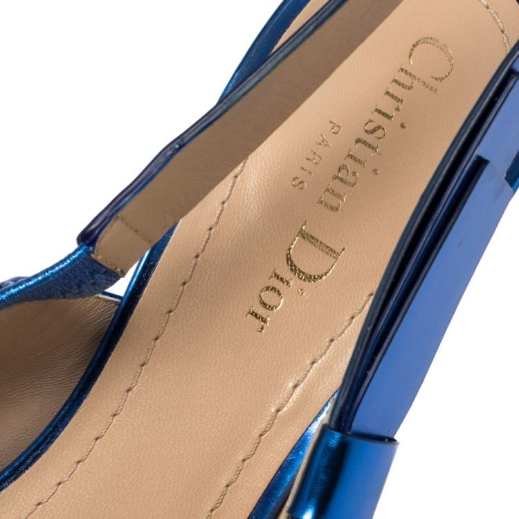 Pre Owned Dior Metallic Blue Leather Sweet-D Slingback Pumps Size 38