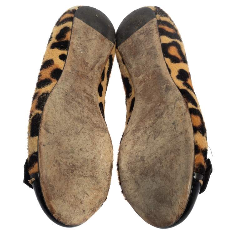 Pre Owned Dior Leopard Print Calf Hair And Patent Leather Bow Ballet Flats Size 39