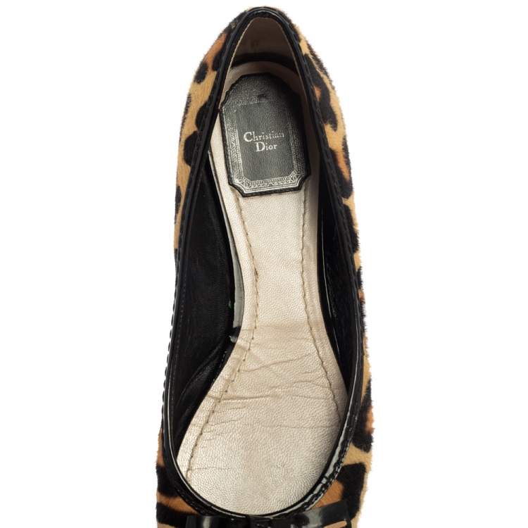 Pre Owned Dior Leopard Print Calf Hair And Patent Leather Bow Ballet Flats Size 39