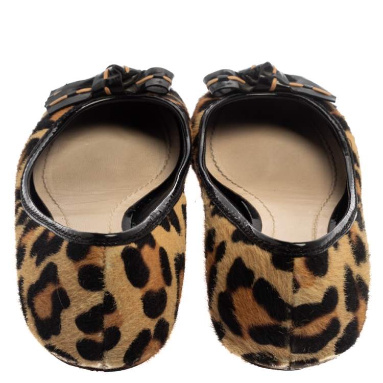 Pre Owned Dior Leopard Print Calf Hair And Patent Leather Bow Ballet Flats Size 39