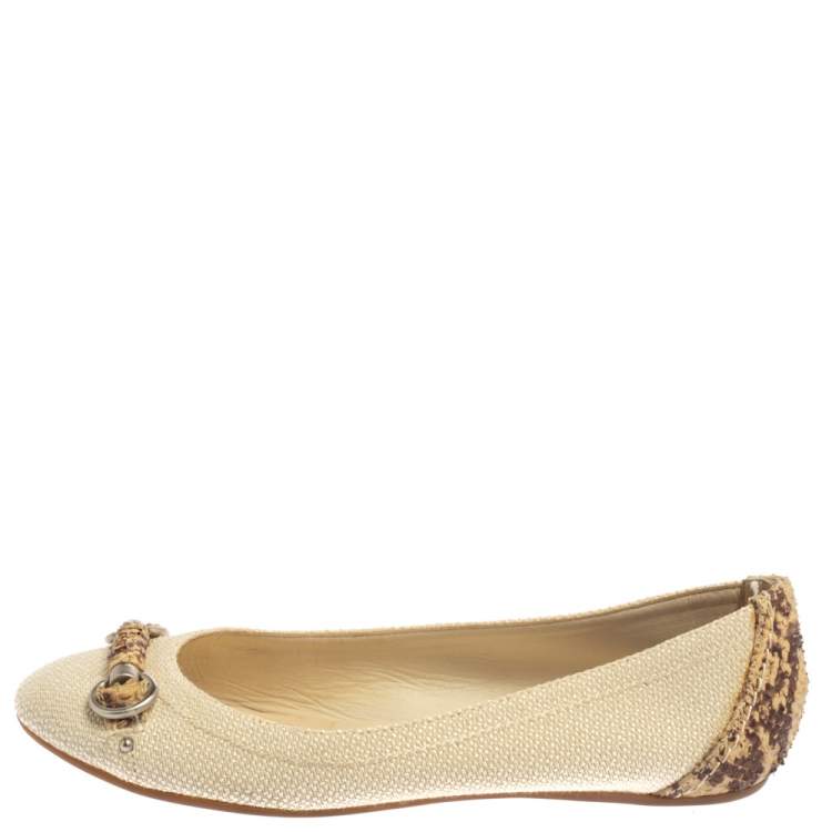 Pre Owned Dior Beige Raffia And Python Trim Horsebit Ballet Flats Size 37