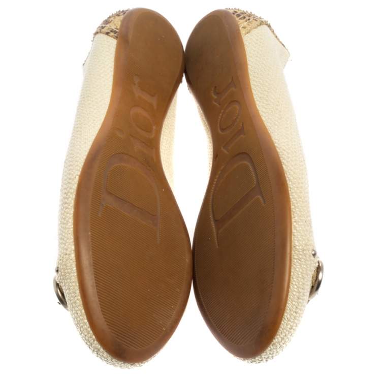 Pre Owned Dior Beige Raffia And Python Trim Horsebit Ballet Flats Size 37