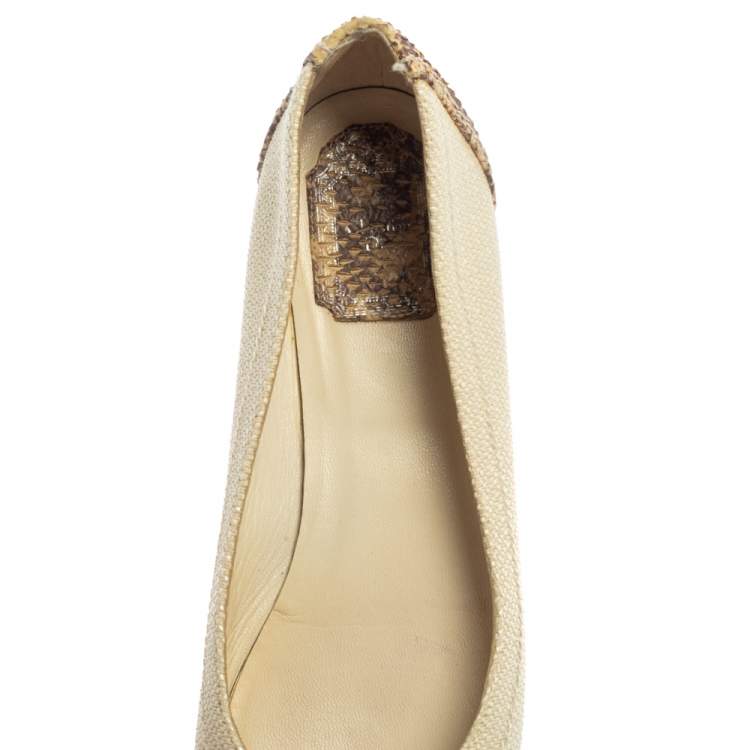 Pre Owned Dior Beige Raffia And Python Trim Horsebit Ballet Flats Size 37