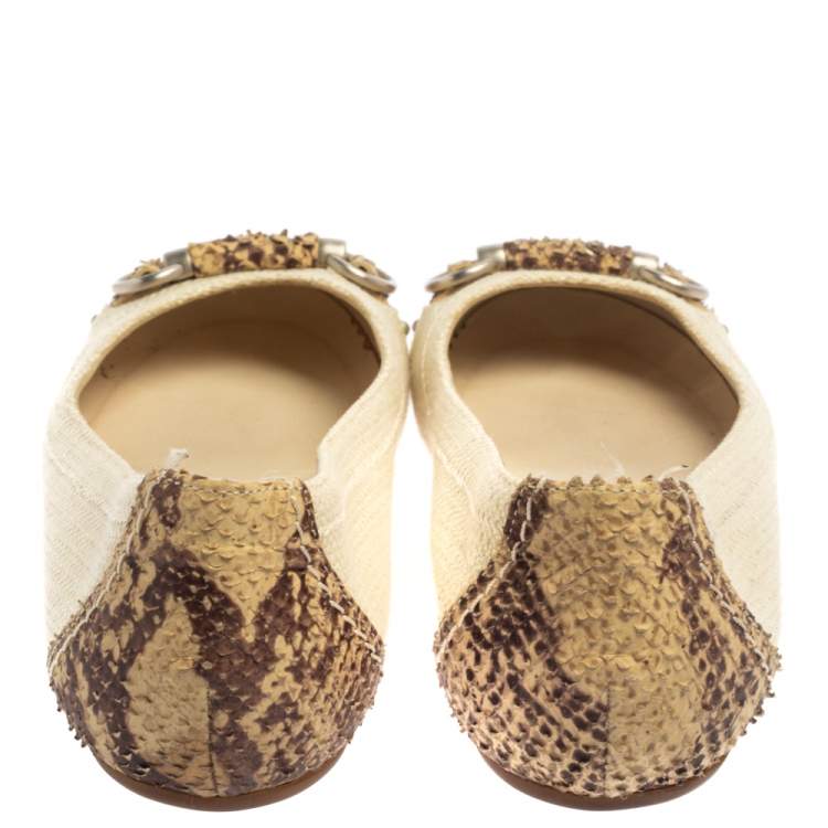 Pre Owned Dior Beige Raffia And Python Trim Horsebit Ballet Flats Size 37