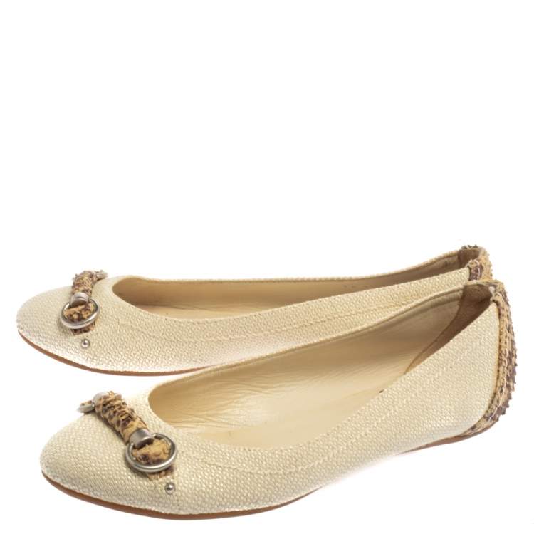 Pre Owned Dior Beige Raffia And Python Trim Horsebit Ballet Flats Size 37