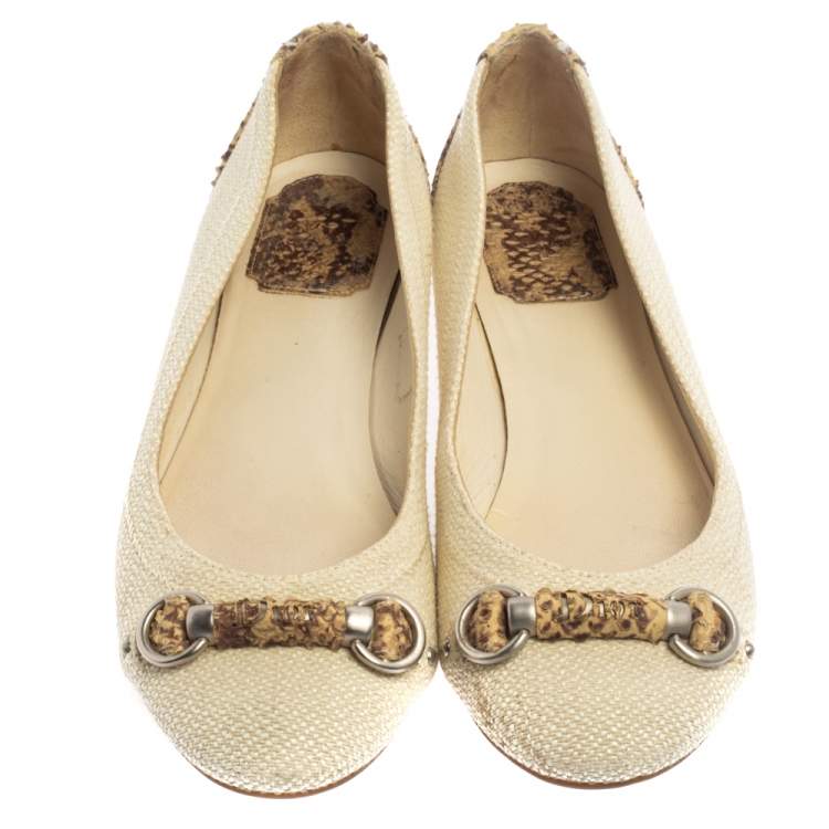 Pre Owned Dior Beige Raffia And Python Trim Horsebit Ballet Flats Size 37