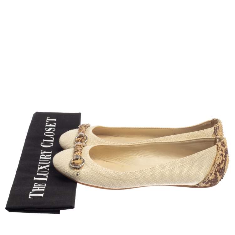 Pre Owned Dior Beige Raffia And Python Trim Horsebit Ballet Flats Size 37
