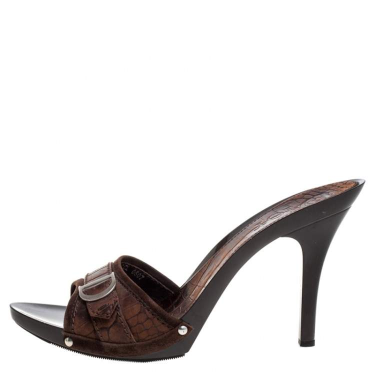 Dior Brown Croc Embossed And Suede Slide Sandals Size 40