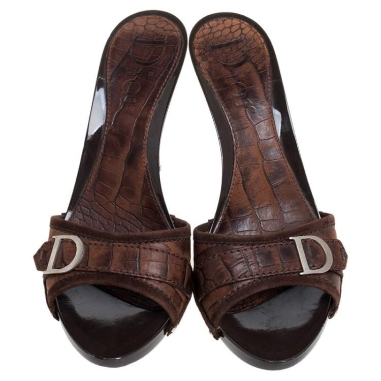 Dior Brown Croc Embossed And Suede Slide Sandals Size 40