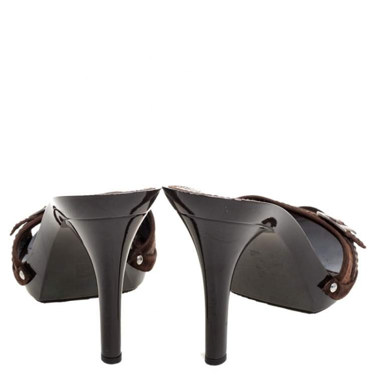 Dior Brown Croc Embossed And Suede Slide Sandals Size 40