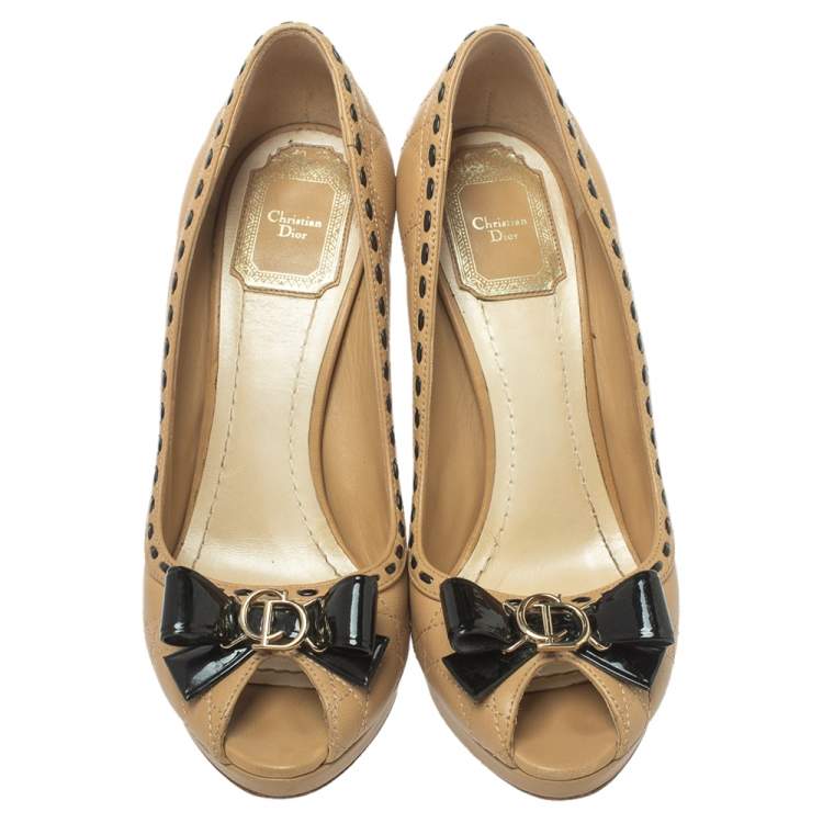 Pre Owned Dior Beige Cannage Leather Bow Peep Toe Platform Pumps Size 37
