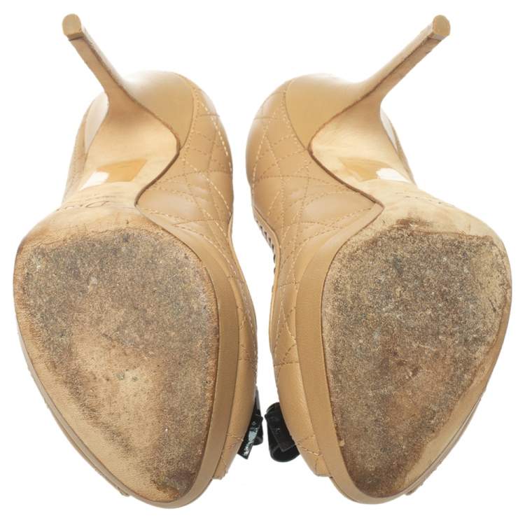Pre Owned Dior Beige Cannage Leather Bow Peep Toe Platform Pumps Size 37