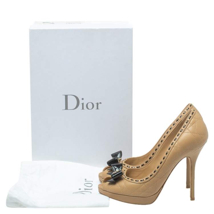 Pre Owned Dior Beige Cannage Leather Bow Peep Toe Platform Pumps Size 37