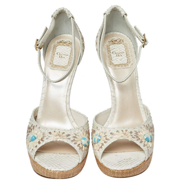 Pre Owned Dior White Embroidered Python And Raffia Ankle Strap Sandals Size 38.5