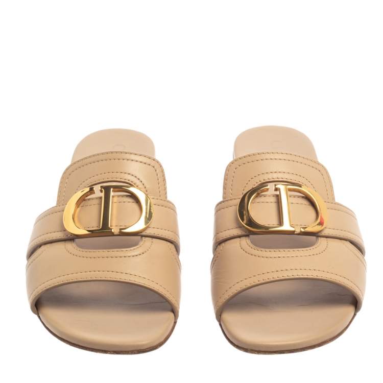 Pre Owned Dior Beige Leather 30 Montaigne Slide Flats Size 37.5