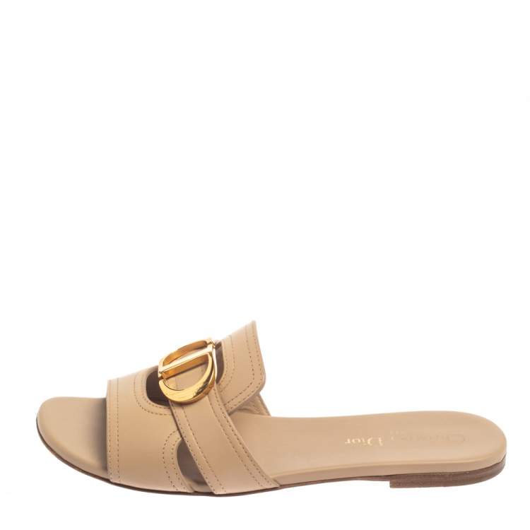 Pre Owned Dior Beige Leather 30 Montaigne Slide Flats Size 37.5