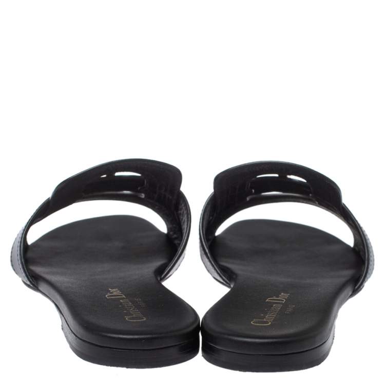 Pre Owned Dior Black Leather 30 Montaigne Slide Flats Size 37.5