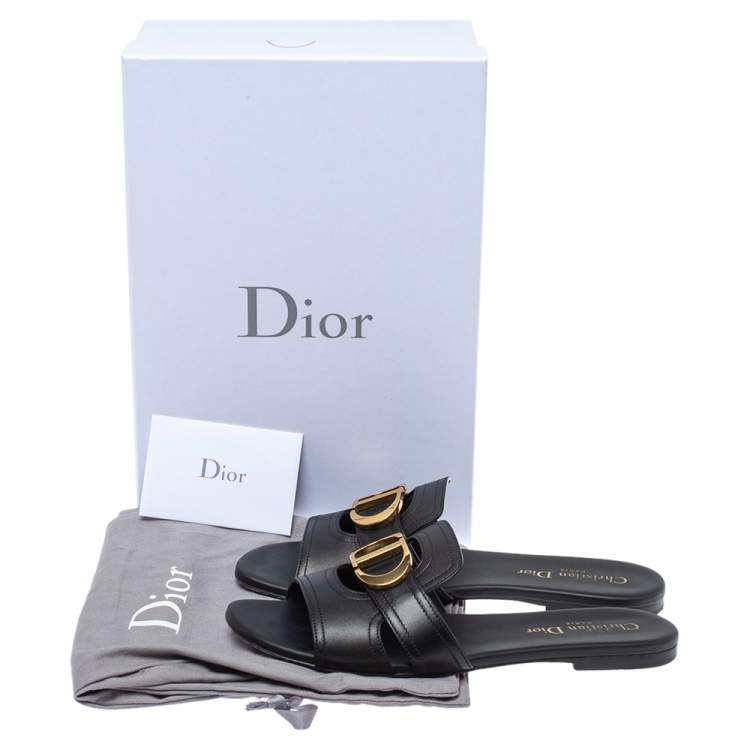 Pre Owned Dior Black Leather 30 Montaigne Slide Flats Size 37.5