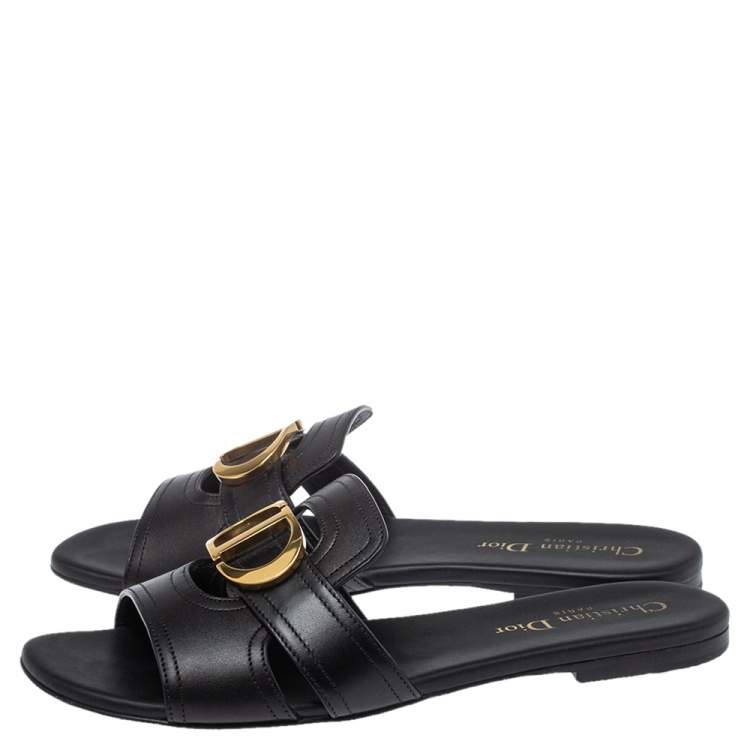 Pre Owned Dior Black Leather 30 Montaigne Slide Flats Size 37.5