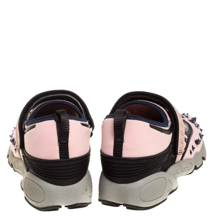 Pre Owned Dior Pink Stretch Fabric Fusion Embellished Low Top Sneakers Size 37.5