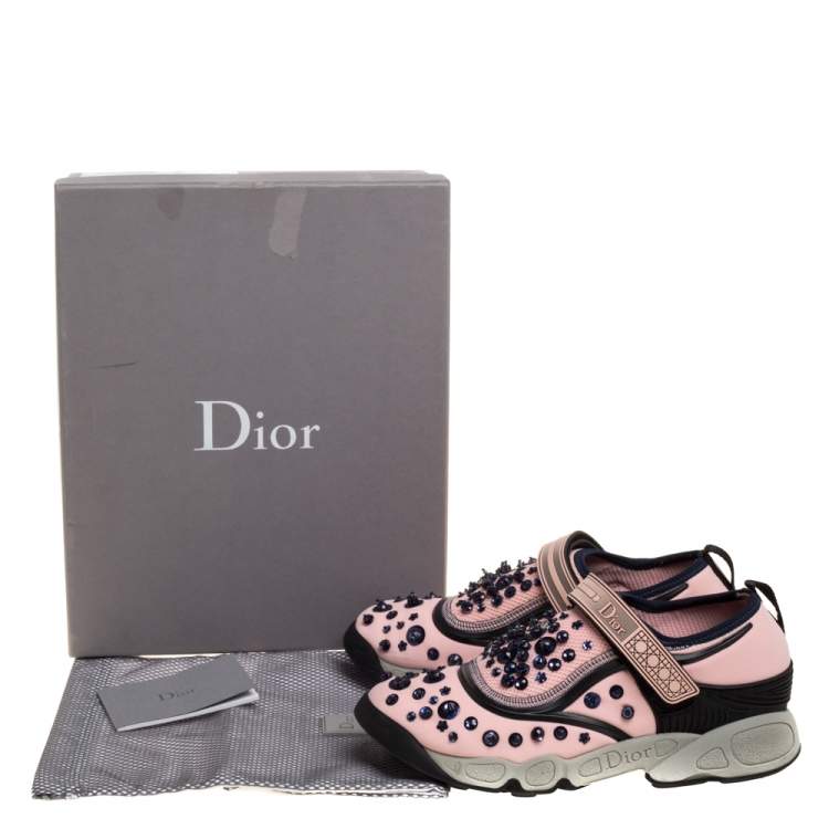 Pre Owned Dior Pink Stretch Fabric Fusion Embellished Low Top Sneakers Size 37.5