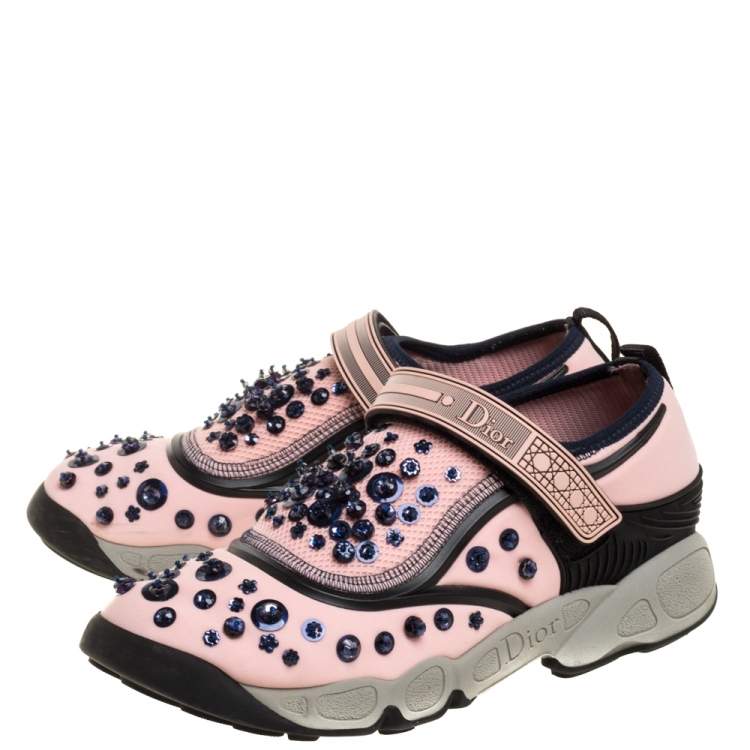 Pre Owned Dior Pink Stretch Fabric Fusion Embellished Low Top Sneakers Size 37.5