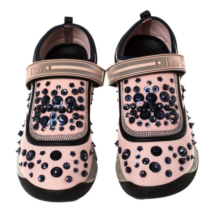 Pre Owned Dior Pink Stretch Fabric Fusion Embellished Low Top Sneakers Size 37.5