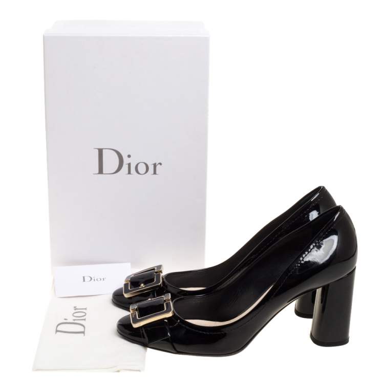 Pre Owned Dior Black Patent Leather Buckle Detail Block Heel Pumps Size 40.5