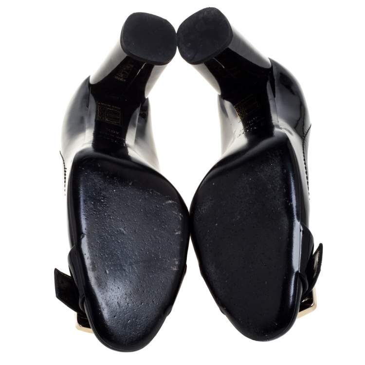 Pre Owned Dior Black Patent Leather Buckle Detail Block Heel Pumps Size 40.5