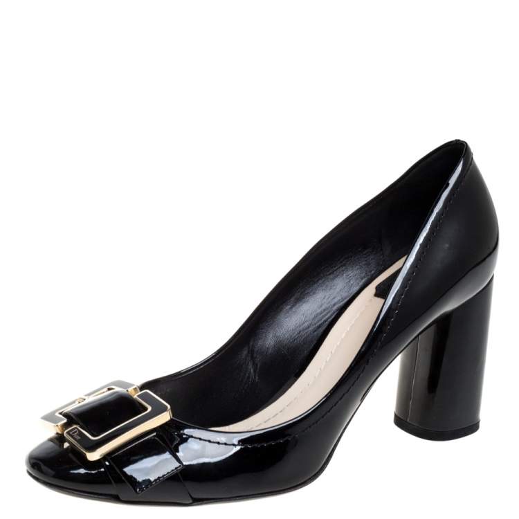 Pre Owned Dior Black Patent Leather Buckle Detail Block Heel Pumps Size 40.5