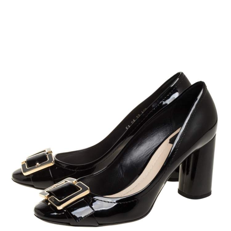 Pre Owned Dior Black Patent Leather Buckle Detail Block Heel Pumps Size 40.5