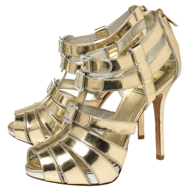 Pre Owned Dior Metallic Gold Leather Strappy Buckle Caged Sandals Size 37.5