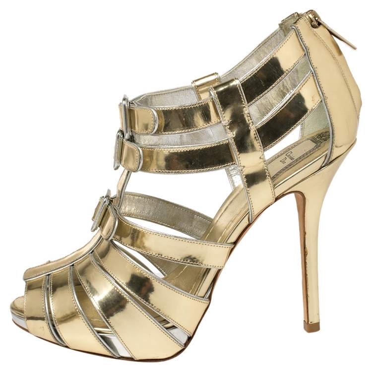 Pre Owned Dior Metallic Gold Leather Strappy Buckle Caged Sandals Size 37.5