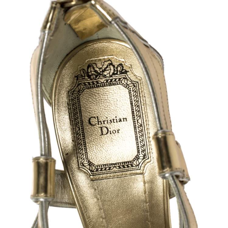 Pre Owned Dior Metallic Gold Leather Strappy Buckle Caged Sandals Size 37.5