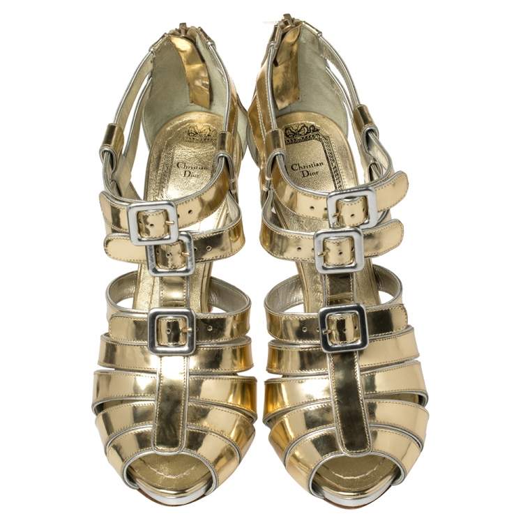 Pre Owned Dior Metallic Gold Leather Strappy Buckle Caged Sandals Size 37.5