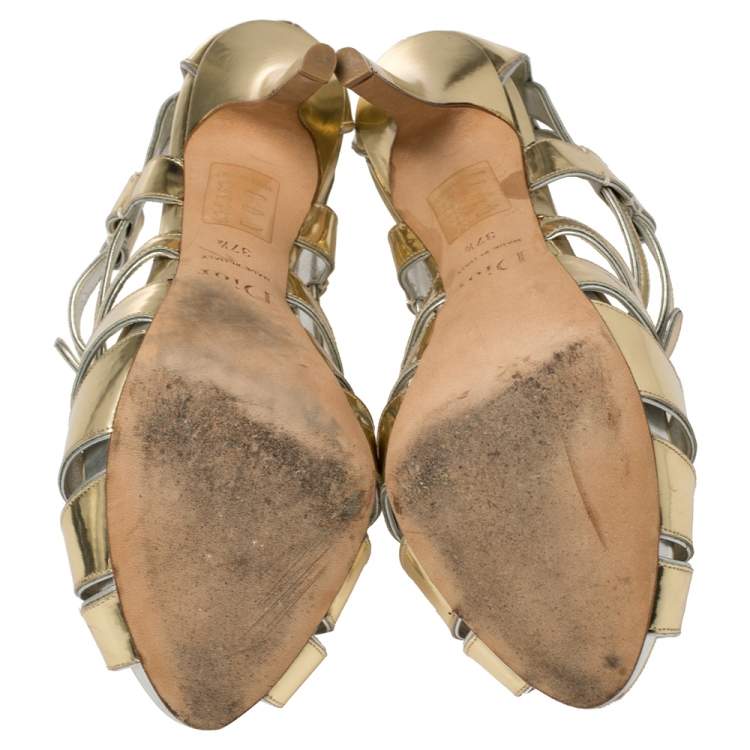 Pre Owned Dior Metallic Gold Leather Strappy Buckle Caged Sandals Size 37.5