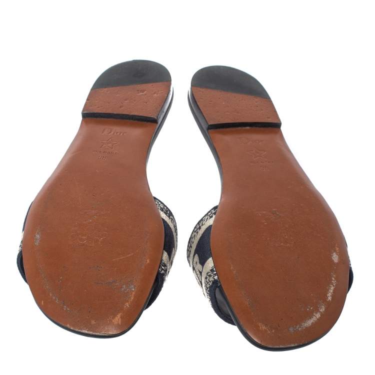 Pre Owned Dior Blue/White Cotton Fabric Embroidered Dway Logo Slide Flats Size 38