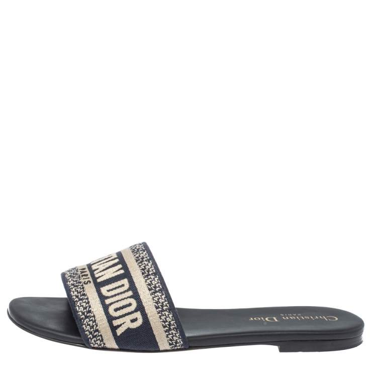 Pre Owned Dior Blue/White Cotton Fabric Embroidered Dway Logo Slide Flats Size 38