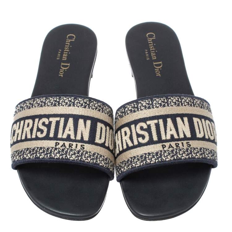 Pre Owned Dior Blue/White Cotton Fabric Embroidered Dway Logo Slide Flats Size 38