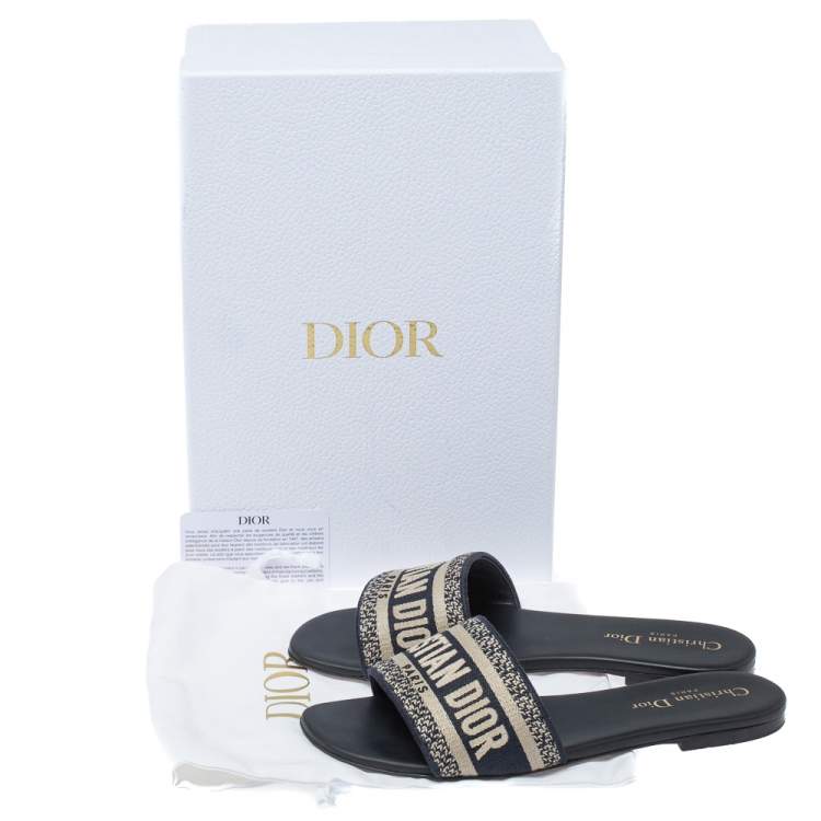 Pre Owned Dior Blue/White Cotton Fabric Embroidered Dway Logo Slide Flats Size 38