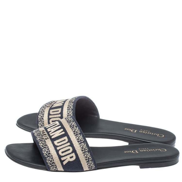 Pre Owned Dior Blue/White Cotton Fabric Embroidered Dway Logo Slide Flats Size 38