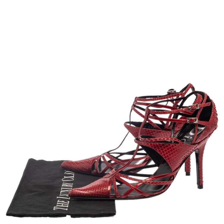 Pre Owned Dior Red Python Strappy Pointed Toe Pumps Size 38