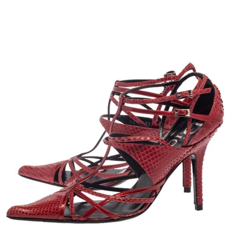 Pre Owned Dior Red Python Strappy Pointed Toe Pumps Size 38