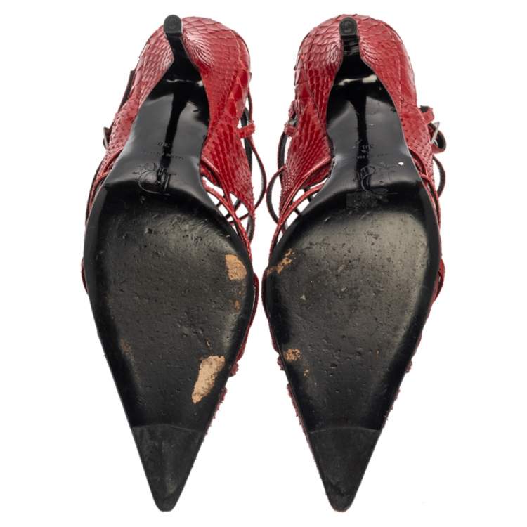 Pre Owned Dior Red Python Strappy Pointed Toe Pumps Size 38