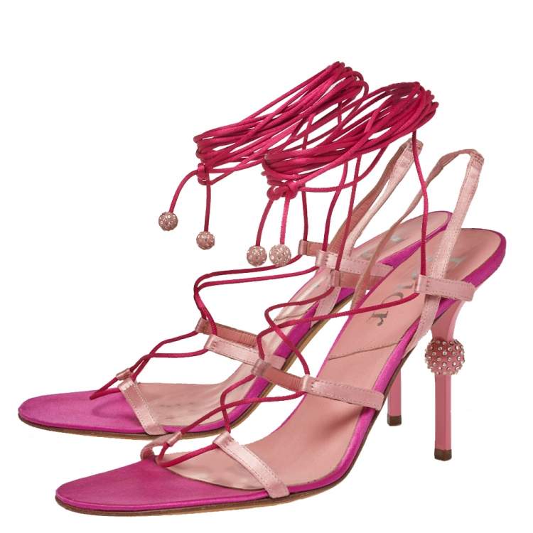 Pre Owned Dior Pink/Red Satin Ankle Wrap Sandals Size 40.5