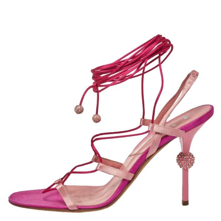 Pre Owned Dior Pink/Red Satin Ankle Wrap Sandals Size 40.5